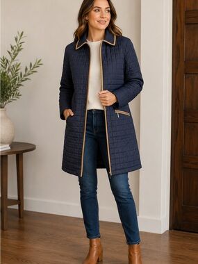Gallery Navy Quilted Long Coat Jacket Tan Trim Zip Pockets Size Small Preppy